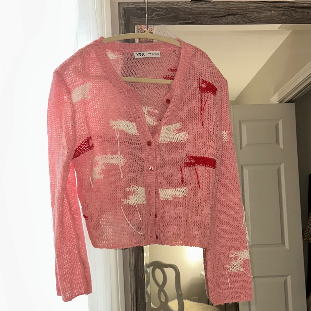 Zara Pink and Red Knit Cardigan